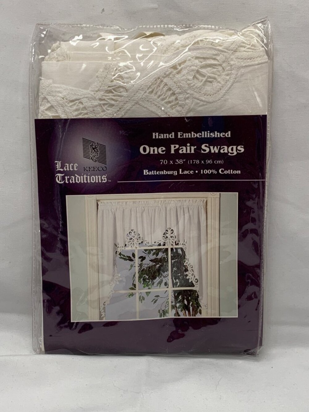 Lace Traditions Hand Embellished Battenburg Lace Swags 70" x 38" Cotton Window
